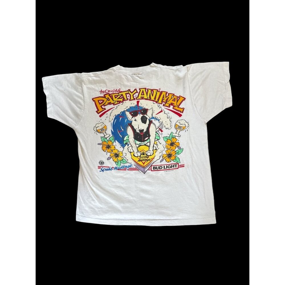 1986 Spuds Mackenzie Bud Light Party Animal Lg T Shirt S/S White Screen Star